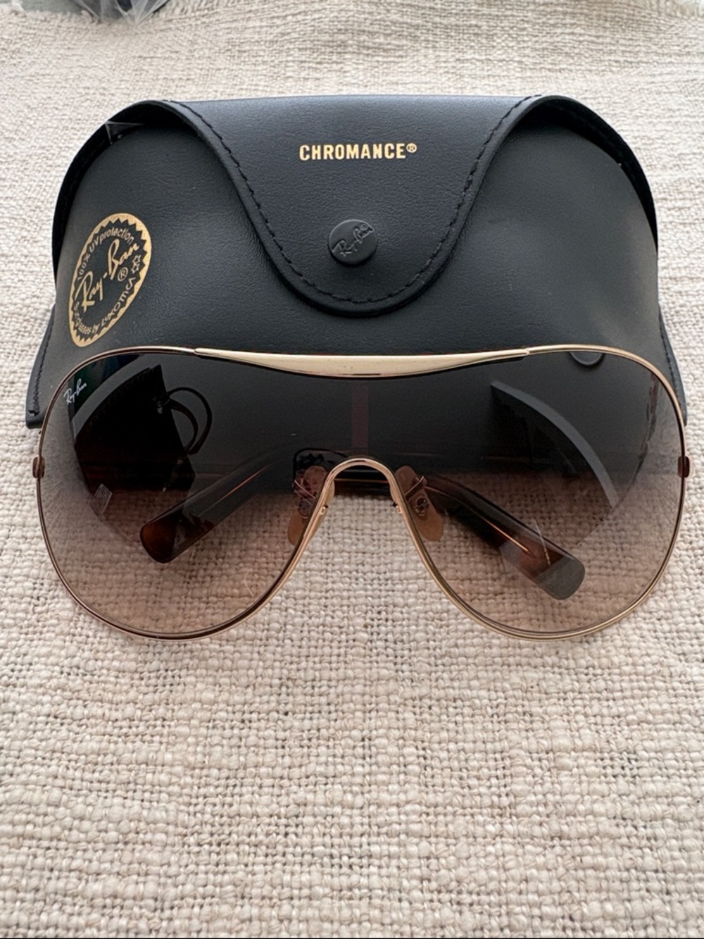 RAY-BAN RB3455L 001/13 Gold Brown Havana Shield Monolens Sunglasses